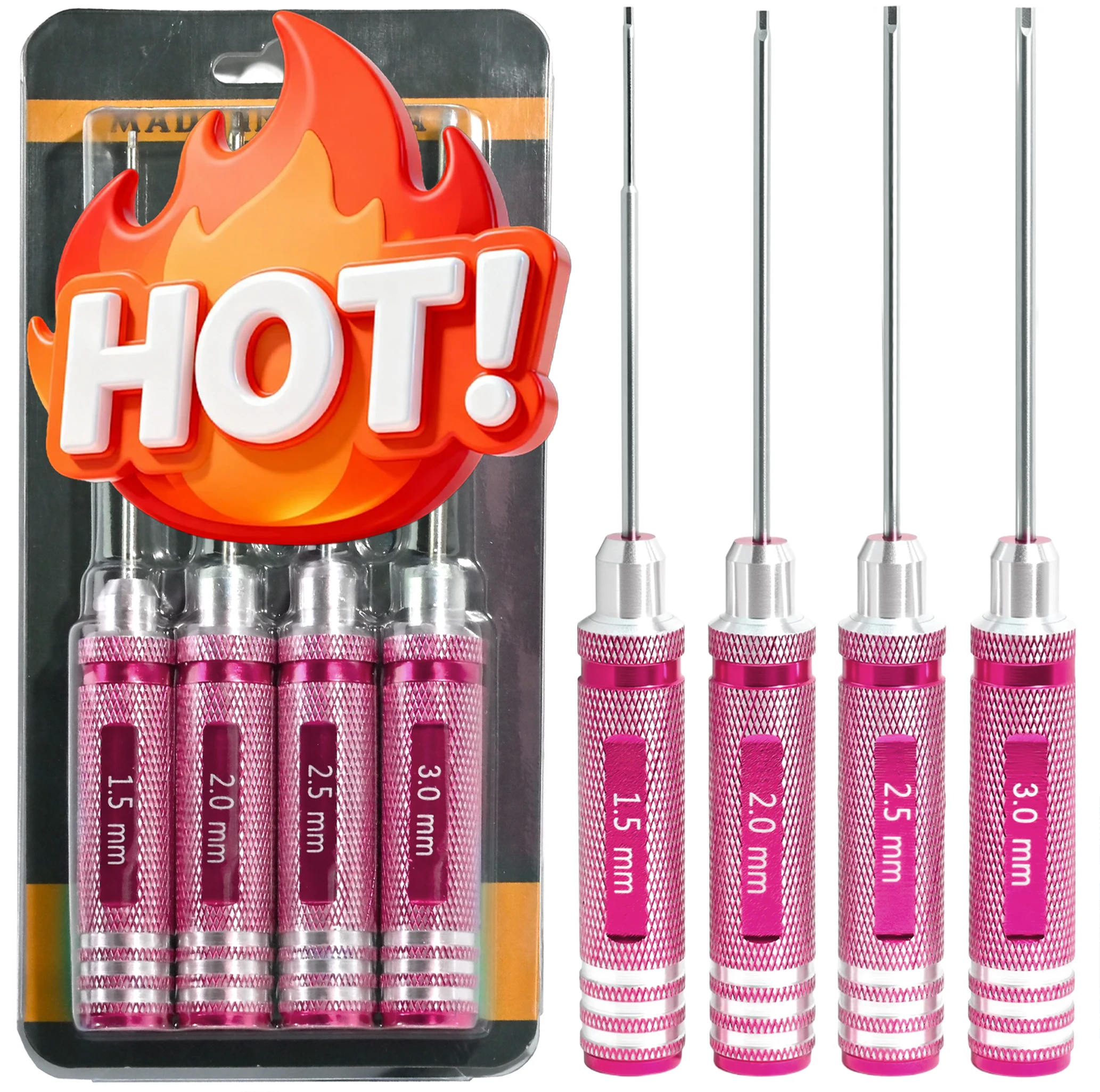 4Pcs RC Hex Drivers 1.5 2.0 2.5 3.0mm Screwdriver Hex Tool Kit Aluminum Handle Plus Titanium-Plated Steel Shaft Offer Grip