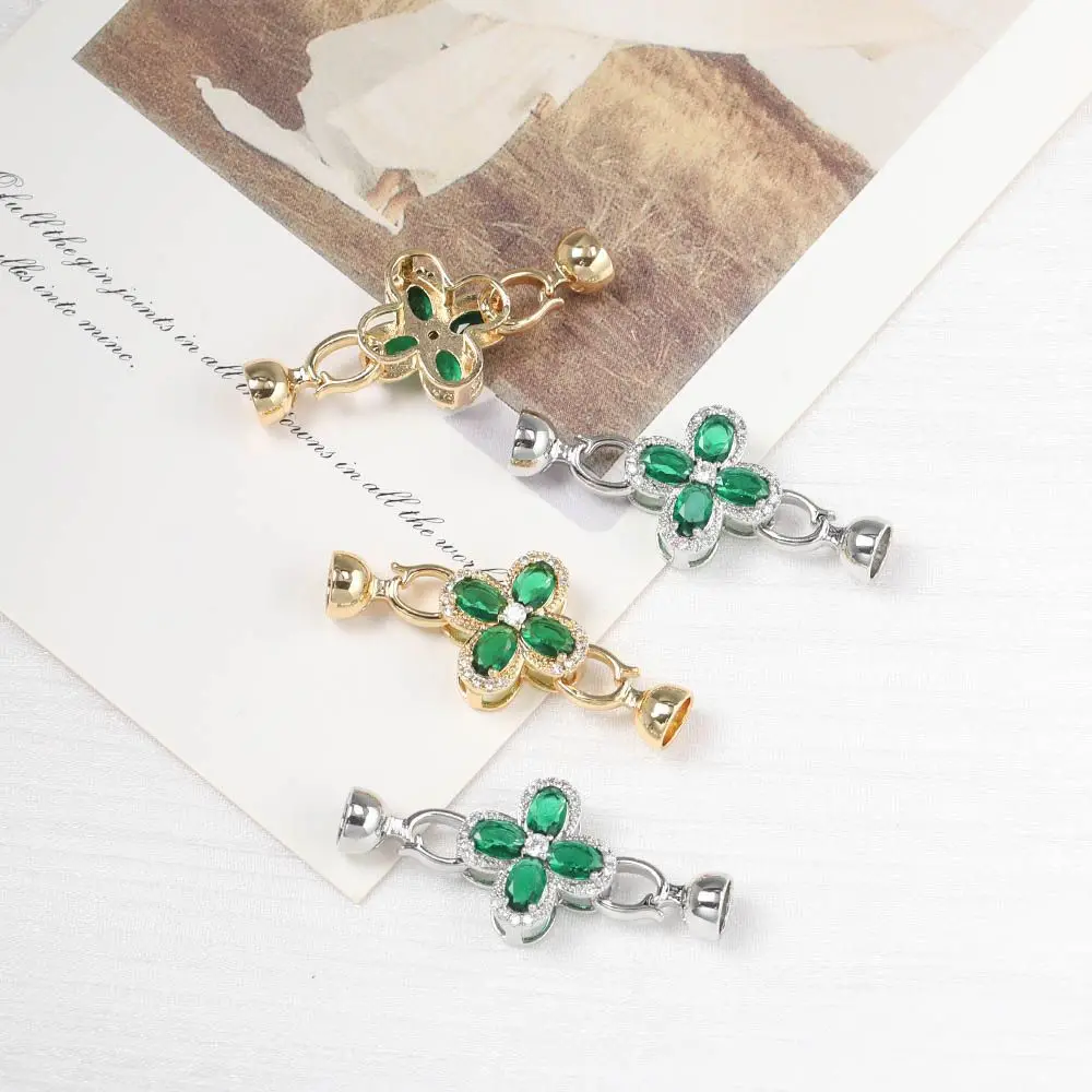 

1pcs Green Zircon Inlaid DIY Pearl Necklace Bracelet Accessories Four Grass Fashionable All-match Hollow Jewelry Closing Buckle