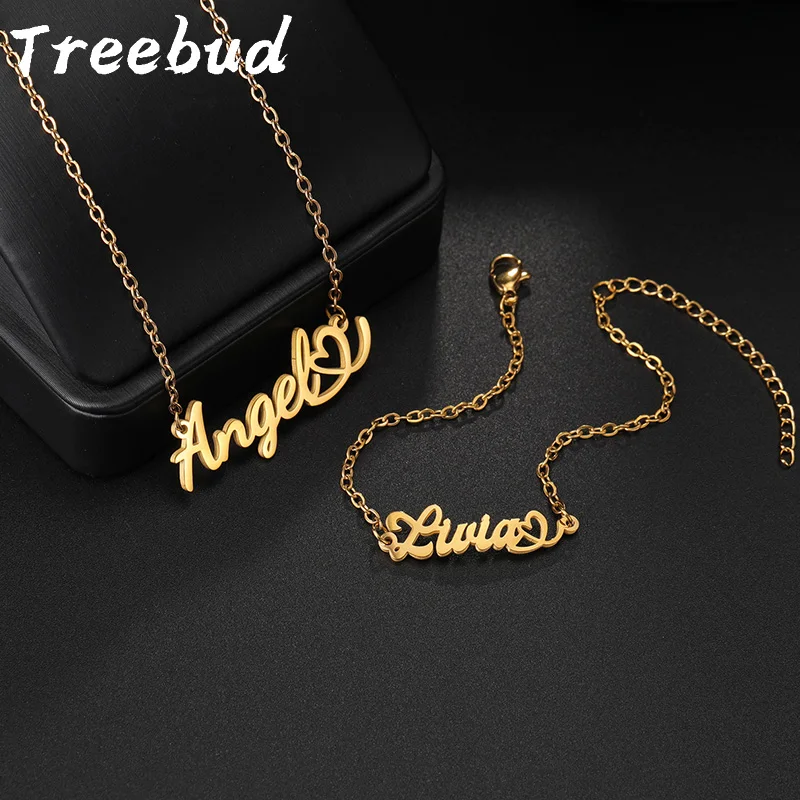 Ensemble de collier et bracelet Treebud avec nom personnalisé pour femme, acier inoxydable, pendentif coeur personnalisé, cadeaux d'anniversaire