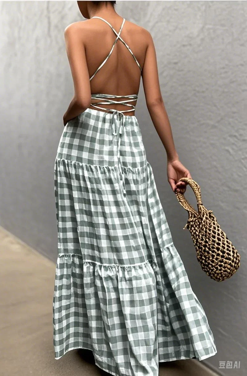 Pop Green and white checkered backless camisole maxi dress in vacation style
