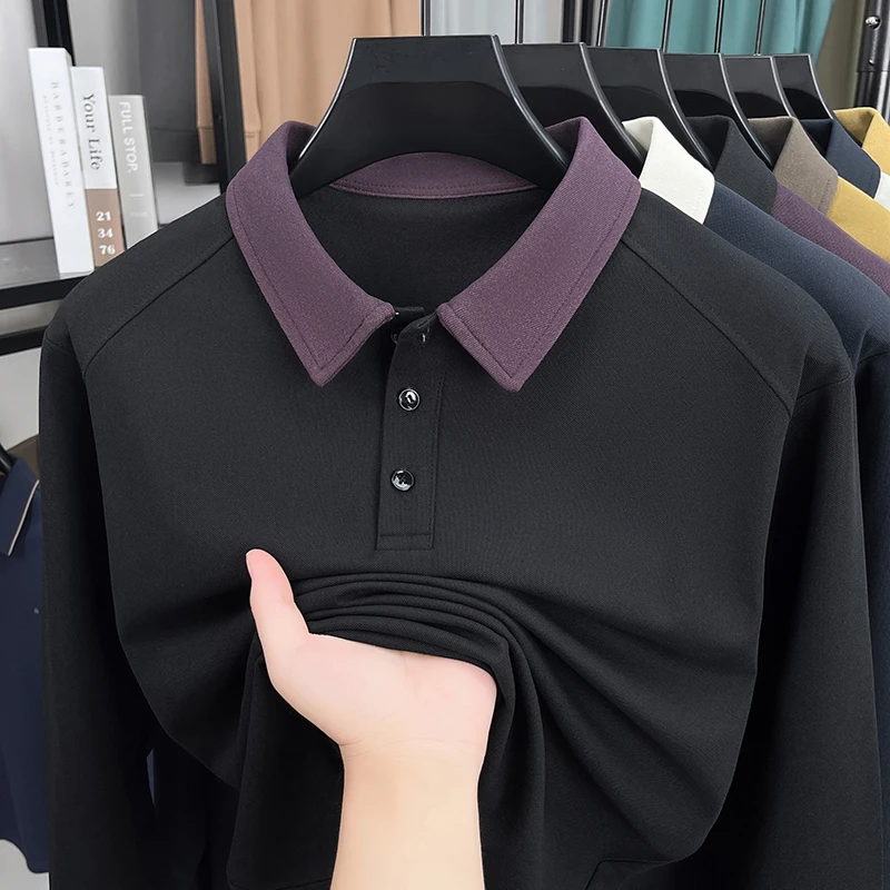 الاتجاه الفاخر طويلة الأكمام الرجال قميص بولو عالية الجودة اللون منعت التلبيب الربيع الخريف تي شيرت الكورية نمط الأعمال رداء علوي غير رسمي #3