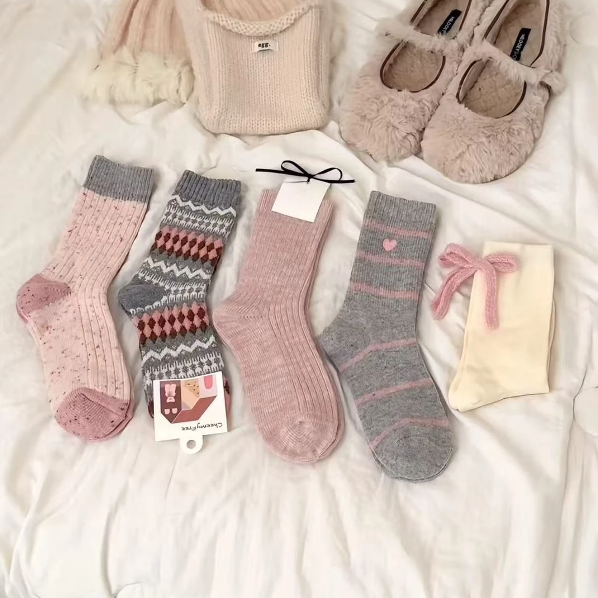 

Women Winter Korean Style Gray Pink Wool Stacking Thick Socks New Candy Color Striped Soft Warm Sweet Casual Novelty Socks