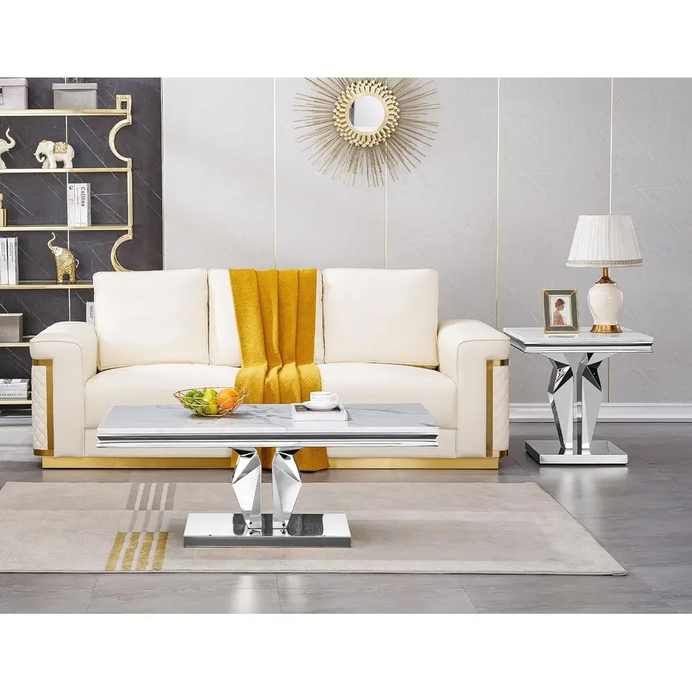 Eleganter rechteckiger Sofatisch mit weißer Marmorplatte und silberner verspiegelter Edelstahlsockel für Wohnzimmer oder Büro