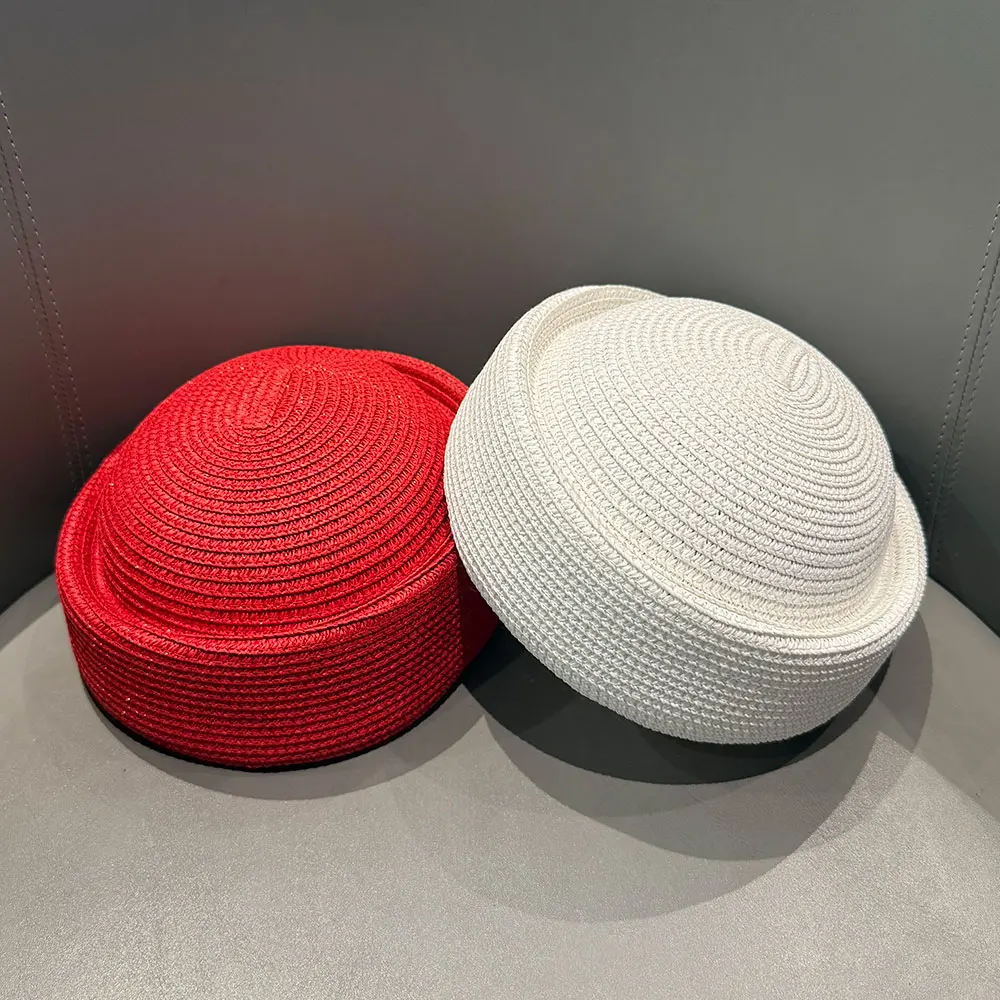 

New Summer Knitted Beret Women Sun Hat Circle Concave Top Paper Straw Hat Church Derby Party Beach Hat