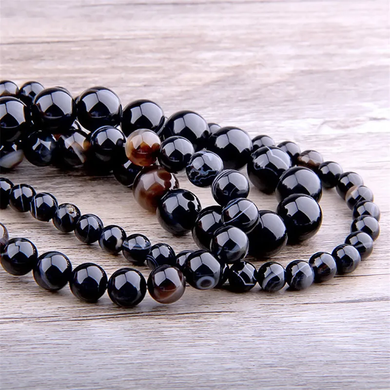 Black Striped Agate Loose Beads Natural Gemstone Smooth Round for Jewelry Making