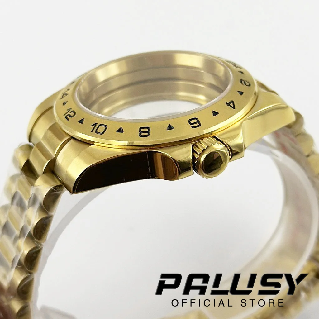 Gold EXP 24 Stunden 40 mm feste Lünette Uhrengehäuse Edelstahlarmband Saphirglas für NH34 NH35 NH36 ETA2824 Uhrwerk