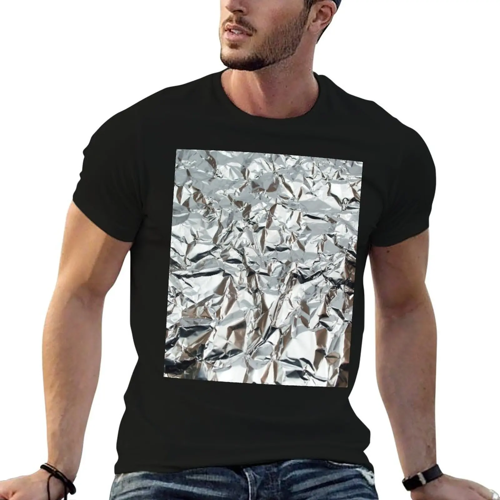 Wrinkled Aluminum Foil T-Shirt Work Outdoor Short Sleeve Tee