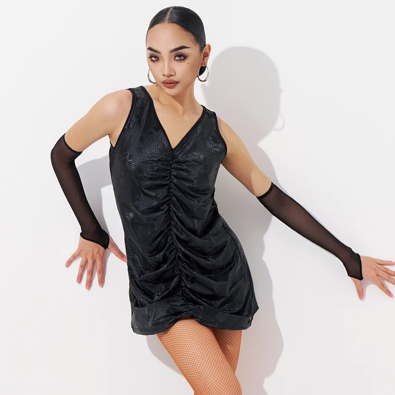 

2025 High-End Latin Dance Dress For Women Sexy Black Pleated Dress Adult Female Samba Chacha Tango Latin Performance Costumes