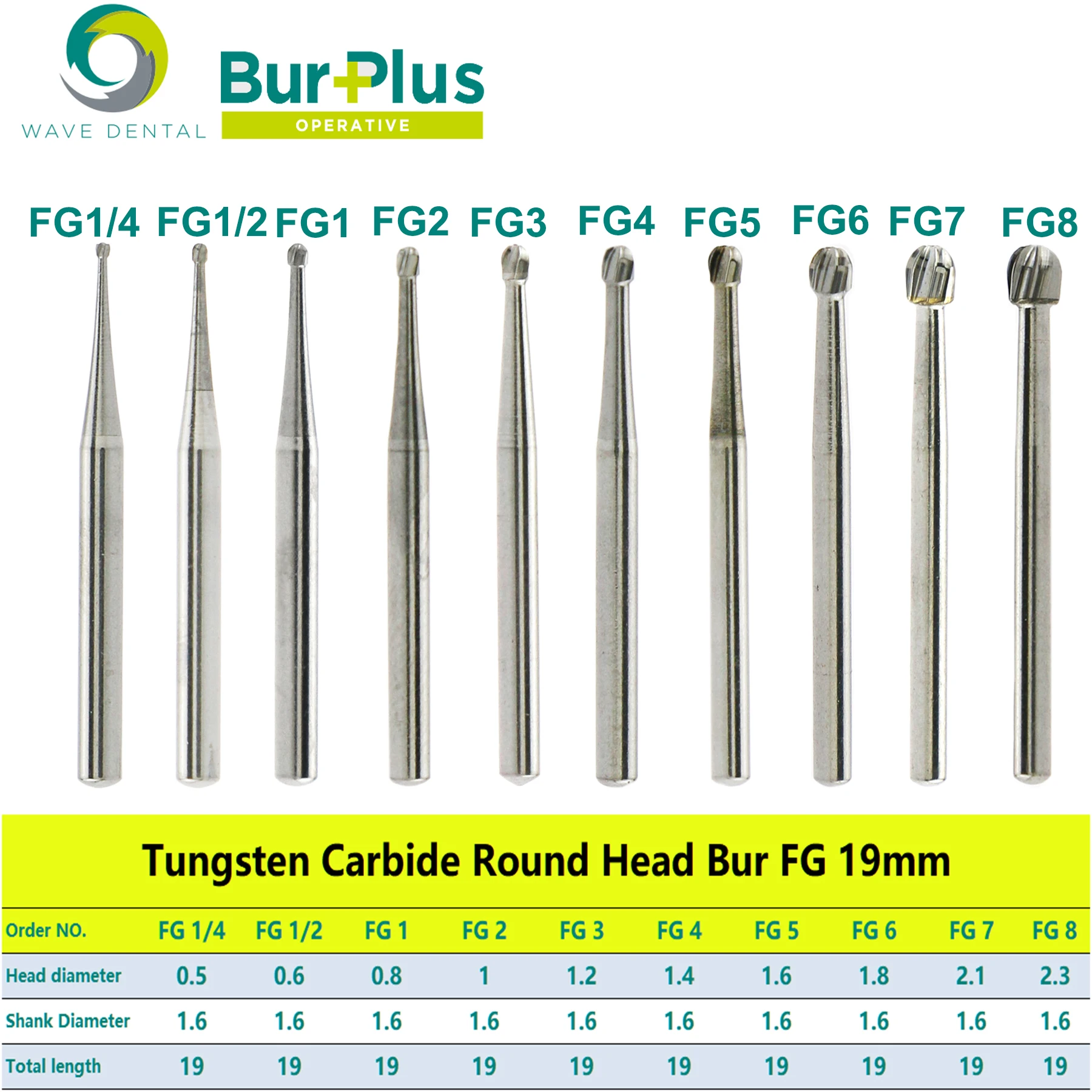 WAVE Dental Tungsten Carbide Bur Round Ball Head Dental Drill FG For High Speed Handpiece Dia.1.6mm 5Pcs/pack