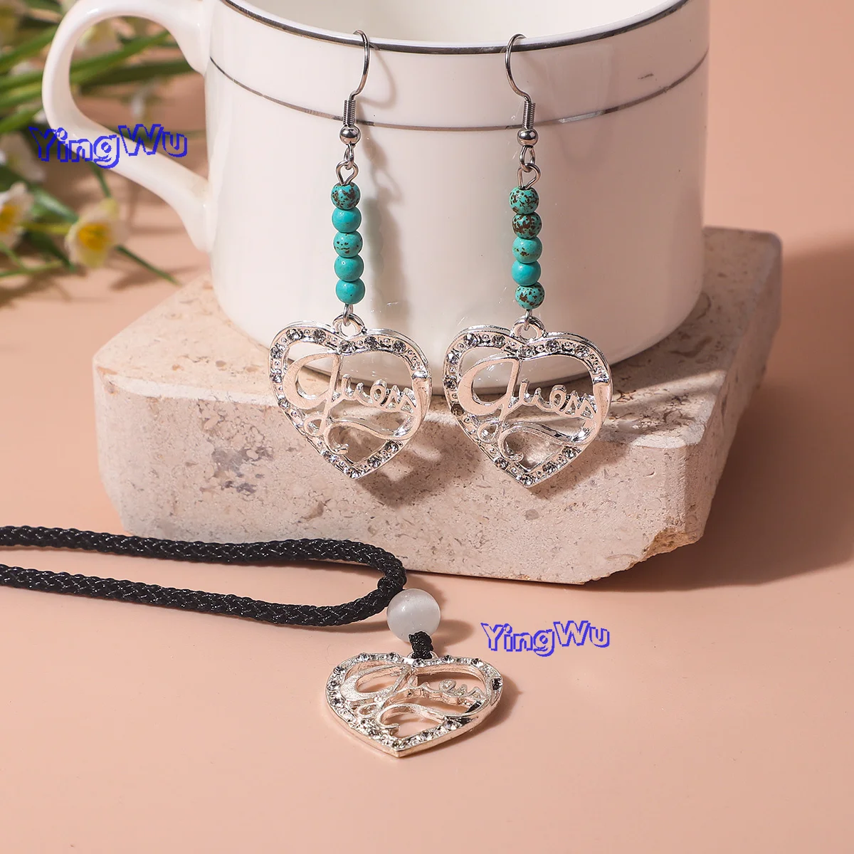 Yingwu Metal Heart-shaped Choker Necklaces For Women stainless steel hook earrings and Necklace sets