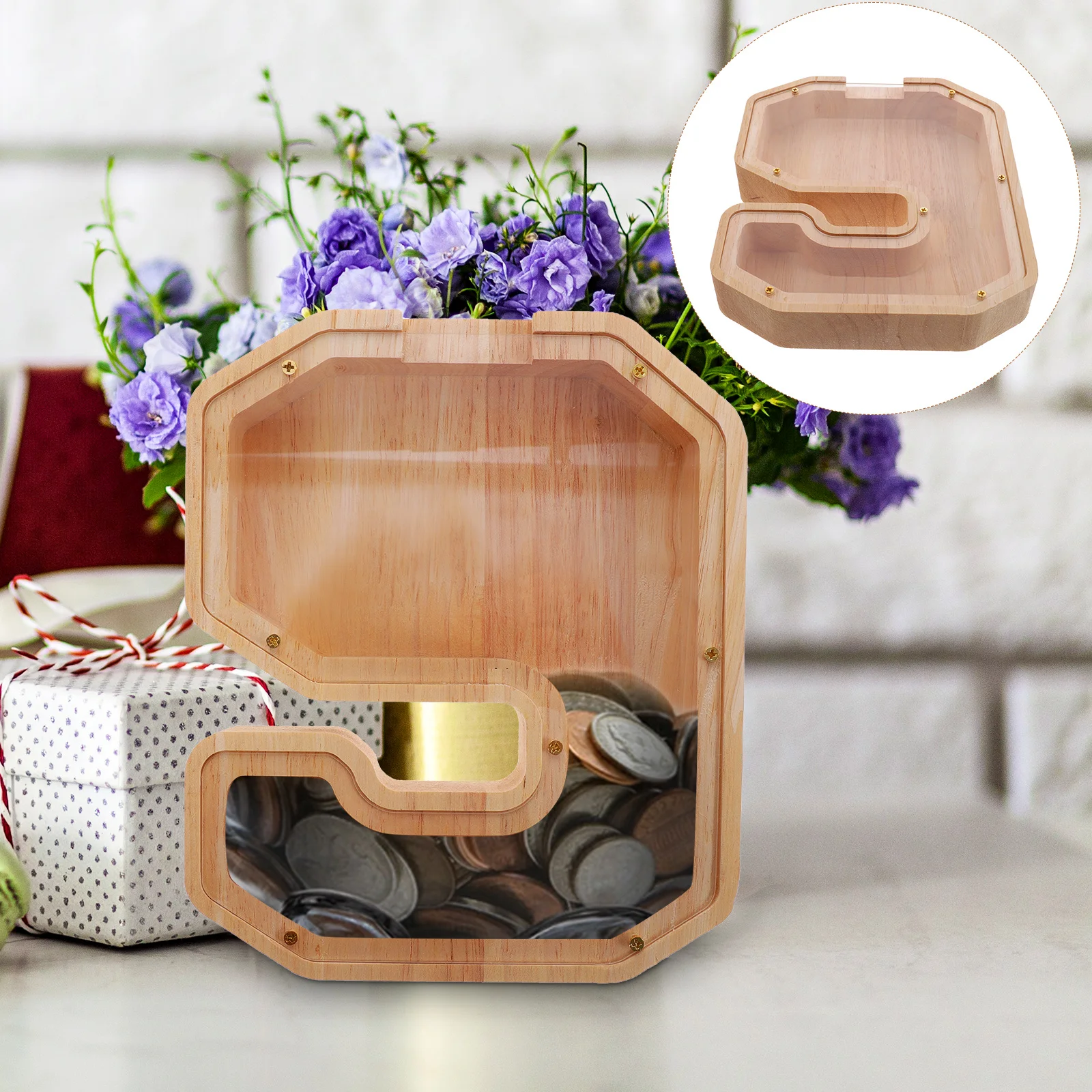 Doorzichtige houten spaarpot Moderne boerderijstijl Multifunctionele munt Geldbesparende doos Desktopdecoratie Kinderopslagpot