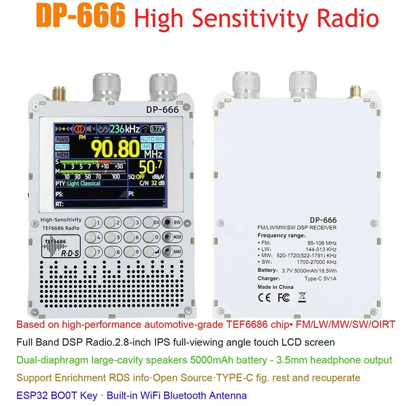 

B18B Новый DP-666 TEF6686 Радио 2,8-дюймовый сенсорный экран Высокочувствительный приемник Полнодиапазонное FM LW MW SW Радио
