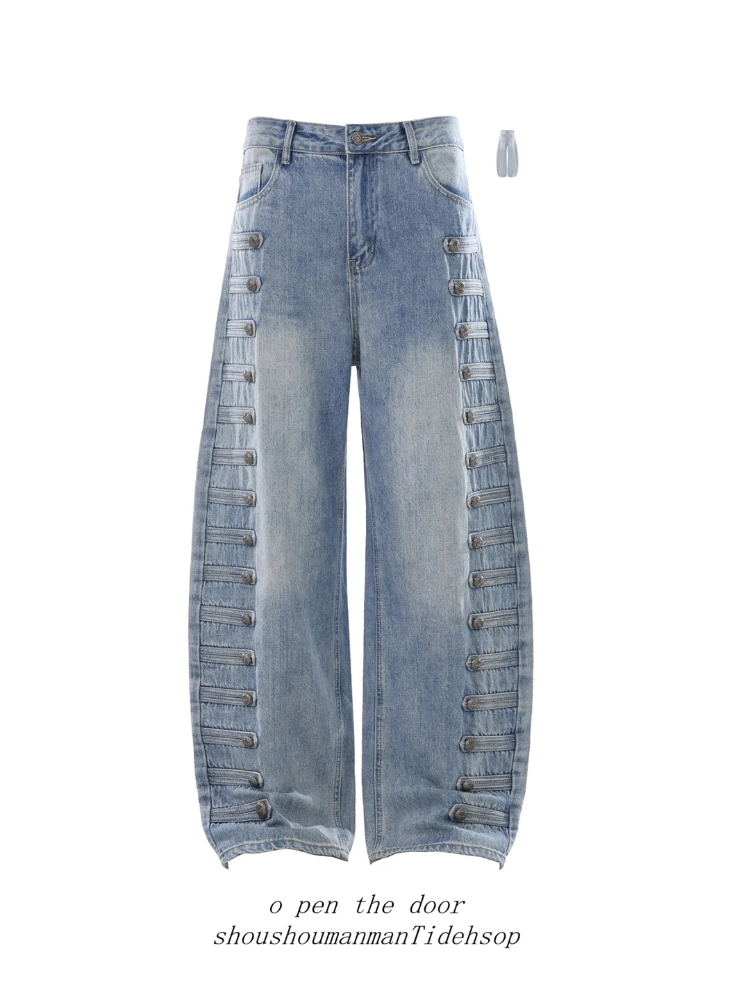 Napoleon Double Button Washed Streetwear Wide Leg Jeans Men's Women's Court Style Design Casual Long Trousers Knife Shape