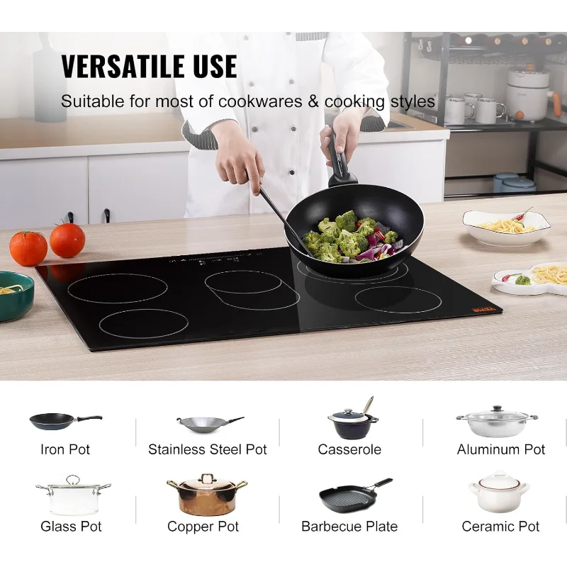 VEVOR 내장형 전기 스토브 상단, 30인치 5개 버너, 240V 센서 터치 제어 기능이 있는 세라믹 유리 복사 쿡탑