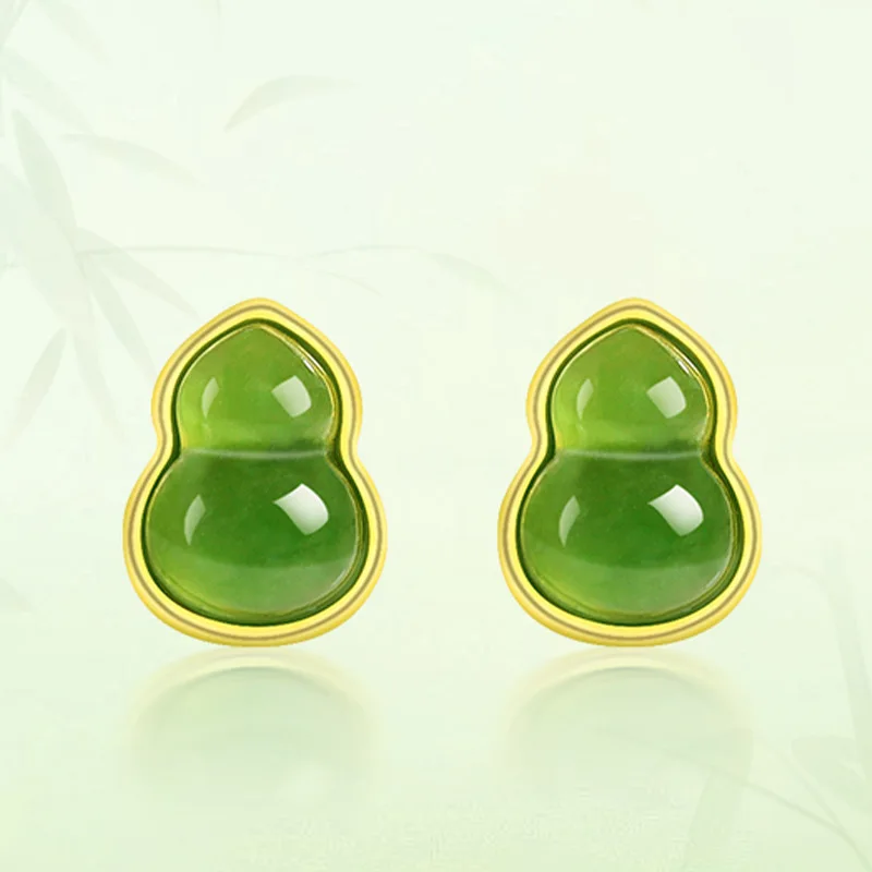 

Authentic Spinach Green Natural Old Material Hotan Jade Jasper Gourd Earrings Women's S925 Silver Jewelry Wholesale Drop Ship