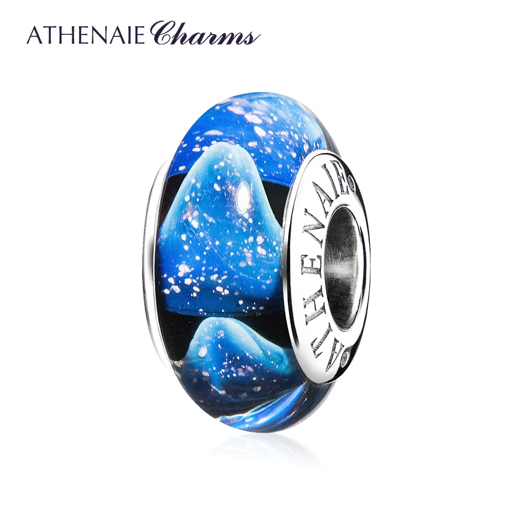 

ATHENAIE 925 Sterling Silver Blue Classic Starry Sky Charms Genuin Murano Glass Beads fit Bracelets DIY Charms for Birthday Gift