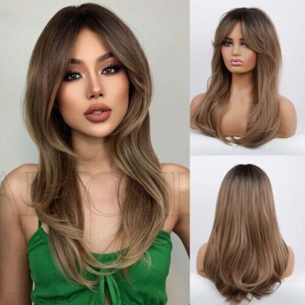 Layered  Brown Blonde Natural Women Hair Long Straight Wigs