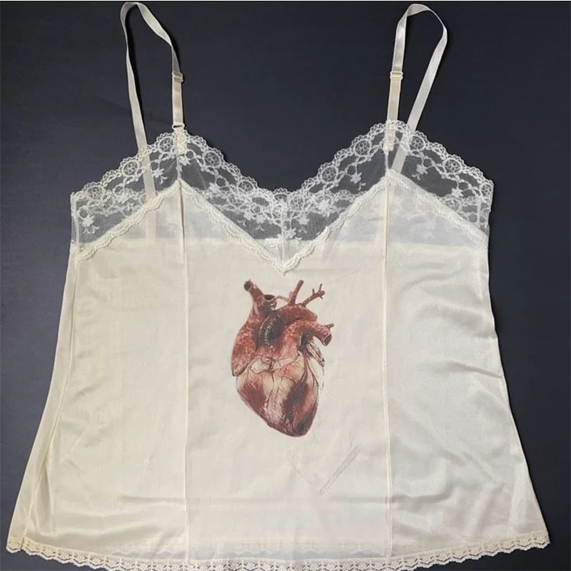 Y2K Gothic Aesthetic Emo Girls Chic Heart Pattern Print Punk Harajuku Streetwear Lace White women's Sleeveless Camisole baby Top