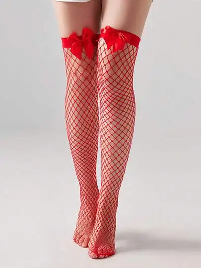 2 Pair Women's Sexy Red Christmas Pom Pom Bow Fishnet Thigh High Stockings