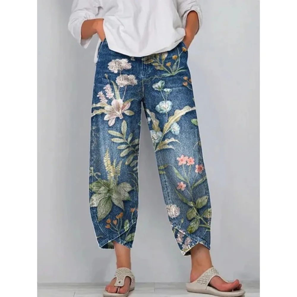 Vintage-Haremshose mit Rosenmuster, kurz geschnitten, lockere Tulpenform, knöchellang, lässige Hose für Zuhause, Loungewear, Urlaub – Detail 12