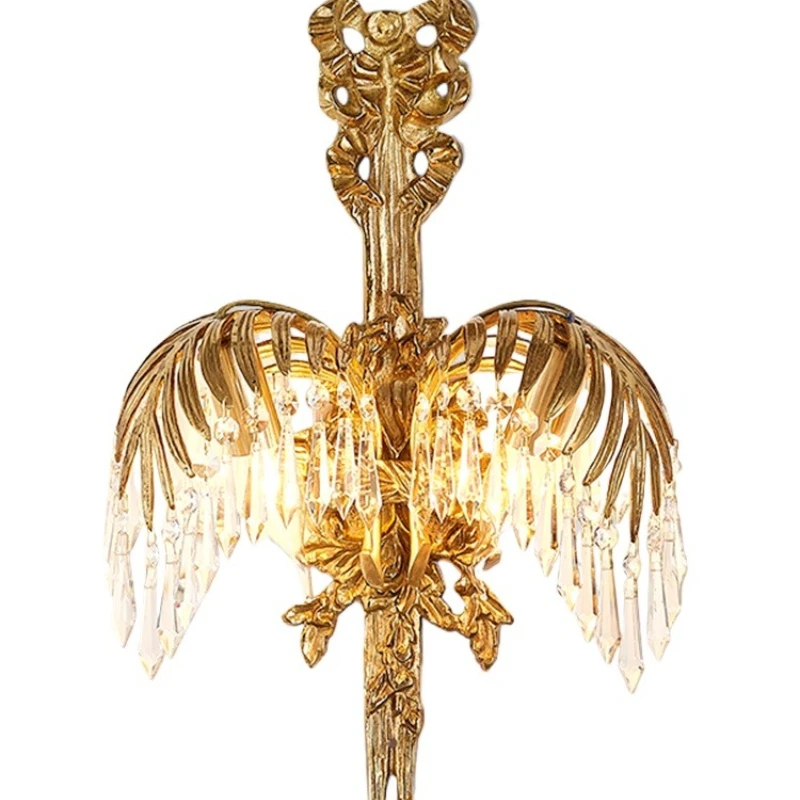 

French all-copper crystal wall lamp, European retro copper bedroom living room luxury villa American copper lamp