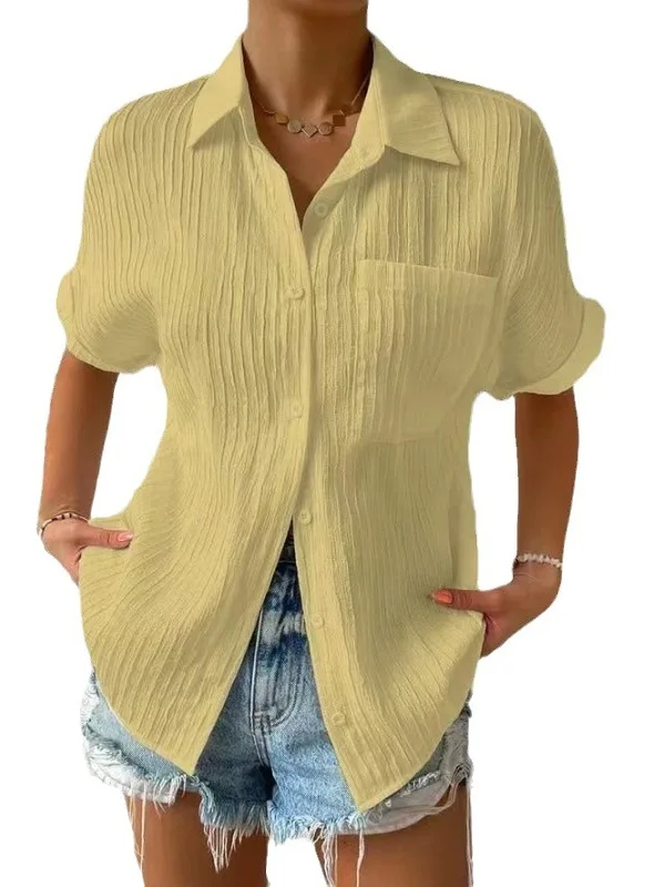 

Street Sle Loose Fit Pure Color irt ort Sve Turn-down Collar Women's Top Summer Faion Casual Printed Design