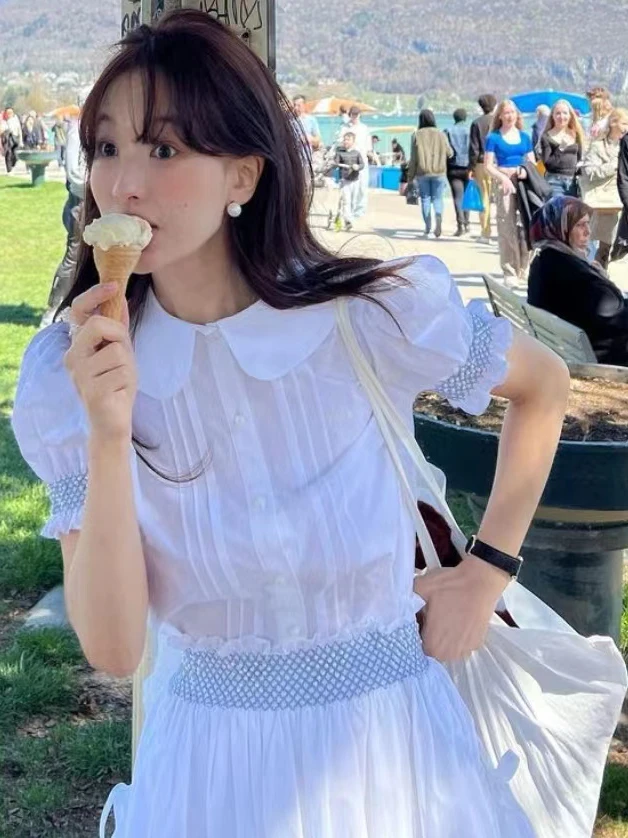 

Summer Short Sleeve Shirt And Half Skirt Set Women's Fashionable Cute Doll Collar Bubble Sleeve Shirt High Waist Skirt Two Pi...