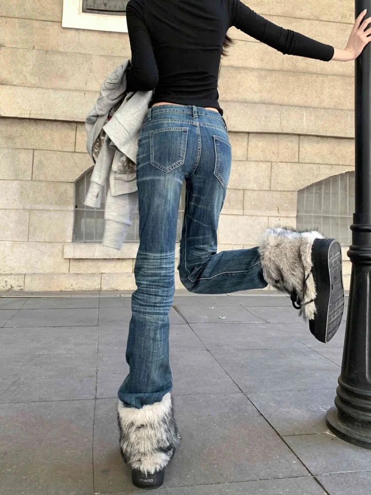 กางเกงยีนส์ขาดทรงสลิมสไตล์อเมริกันย้อนยุค Y2K ปี 2025 ประดับหมุด แฟชั่นใหม่สำหรับผู้หญิง เอวต่ำ สีน้ำเงินฟอก