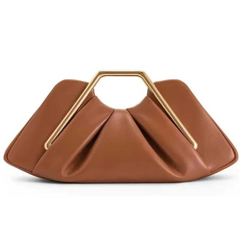 

2025 Luxury Leather Handbags Women Metal Handle Evening Bags Vintage Pleated Cloud Clutch Purse Party Trendy Mobile Phone Pocket