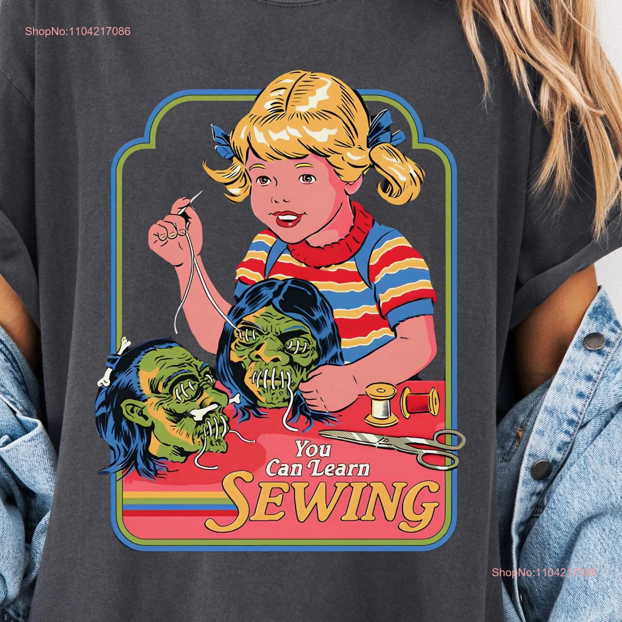 you can learn sewing halloween T Shirt retro 1980s vibes shrunken head classic vintage crew long or short sleeves