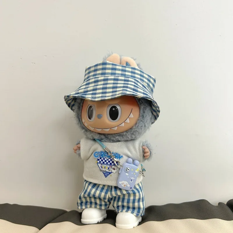 ل 17 سنتيمتر Labubu دمية الملابس الوردي والأزرق منقوشة مجموعة متوافقة مع V1V2V3 لطيف منقوشة نمط عارضة أزياء الزي