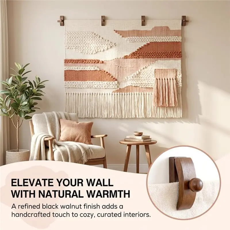 AB34-Wooden Fabric Hanging Clamps For Quilt, 4-Pack Walnut Wood Tapestry Hangers, Secure Grip For Rug And Fabric Wall Display