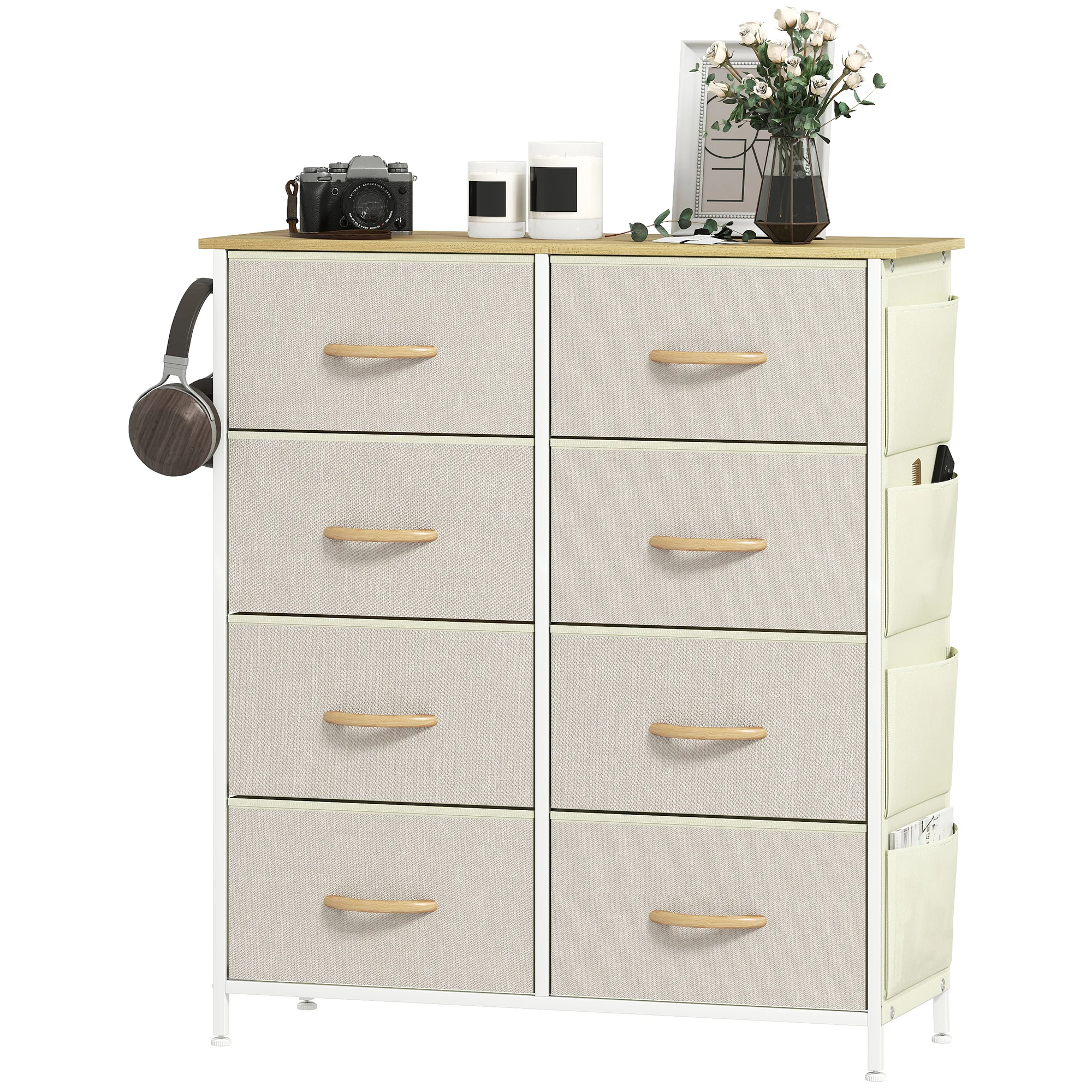 Homcom hoge ladekast van stof met 8 laden, 4 zijvakken, 2 haken en stalen structuur, comfortabel voor slaapkamer, woonkamer, hal, beige