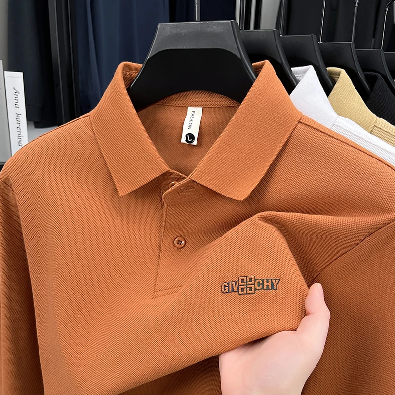 

100Cotton Designer Quality Men's Polo Shirt Lapel Long Sleeve T-Shirt Autumn New Solid Color Print Fashion Business Menswear Top