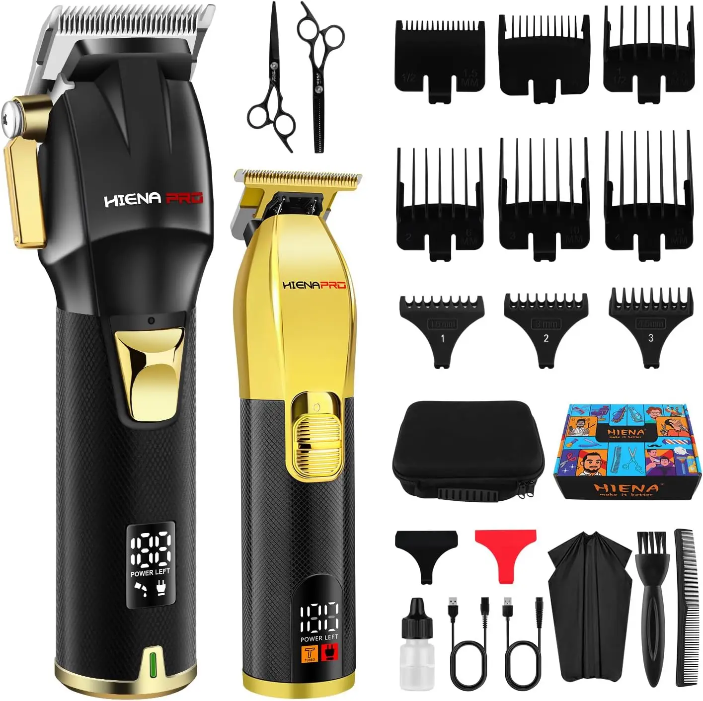 

Professional Cordless Hair Clippers Set for Men, Barber Kit with LED Display & USB Rechargeable, Gifts (Black Gold)