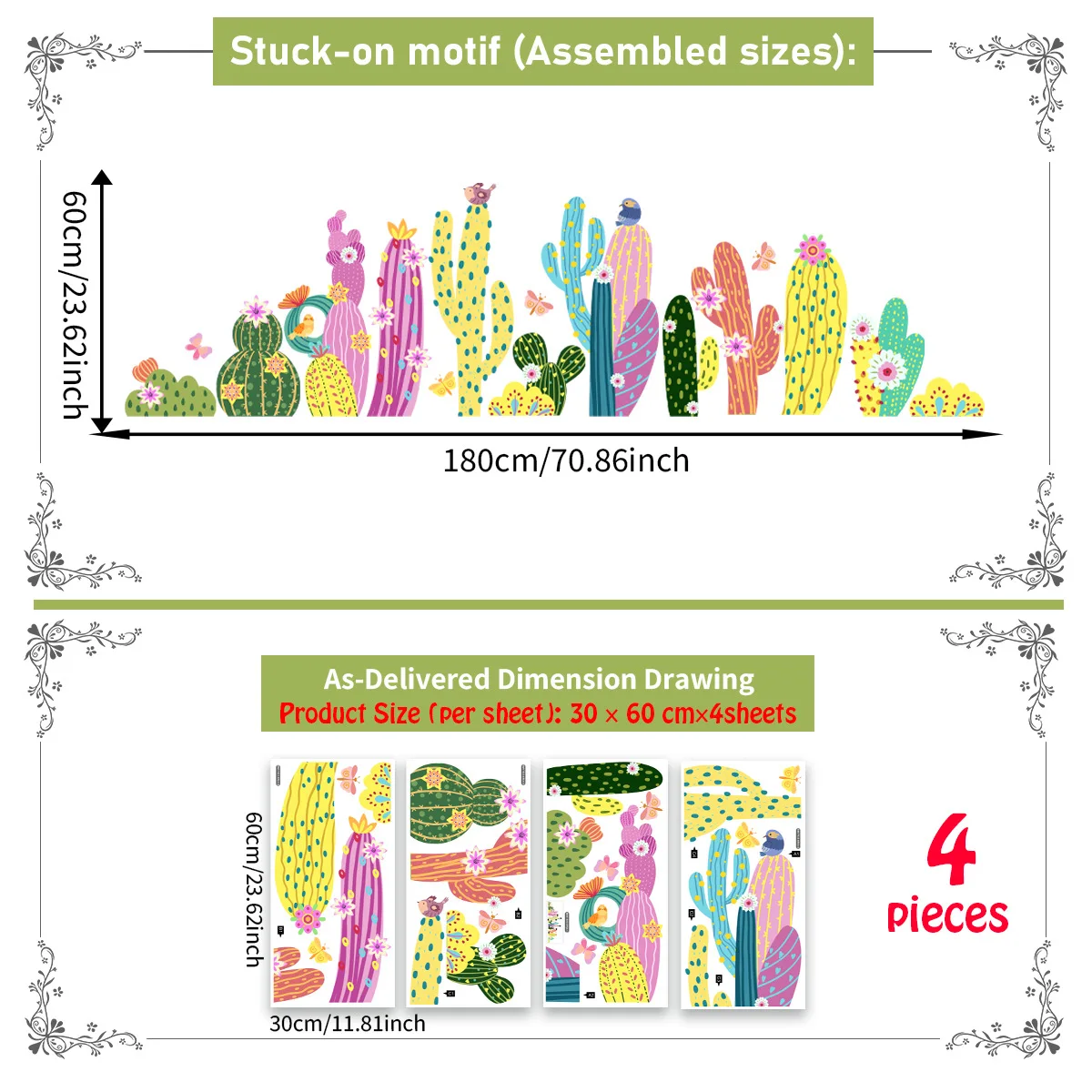 Removable Cacti Wall Stickers Colorful Boho Design for Childrens Room Playroom Living Room 60x180cm Total Size