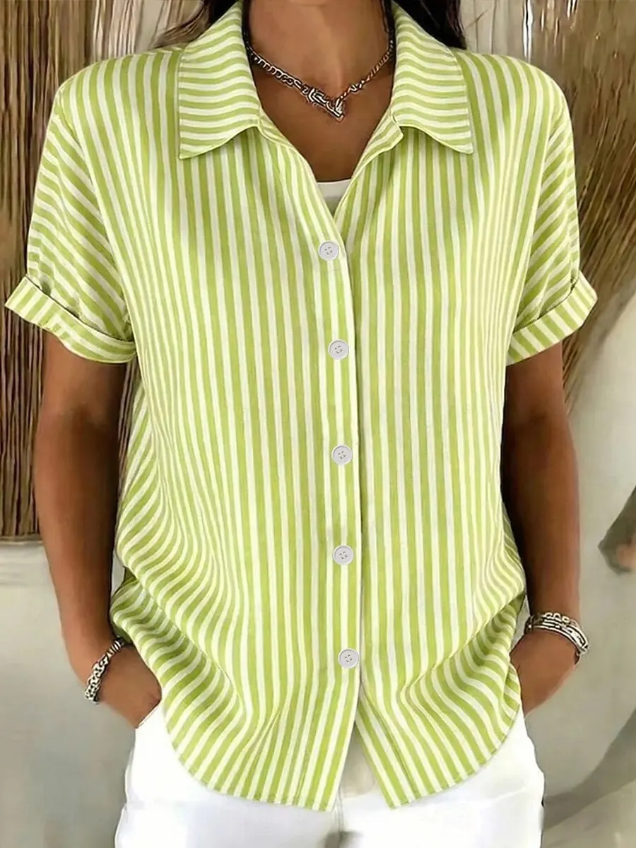 

Women's Vintage Geometric Striped Print Button Short Sleeve Shirt Collar Long Tops, Casual Daily Stylish Wear, for Spring Summer