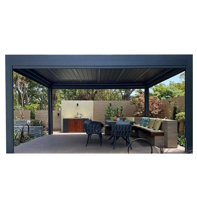 Beautiful IM18 Pergola Model Outdoor Motorized Pavilion Homes Prefab with Sliding Motorized Blinds