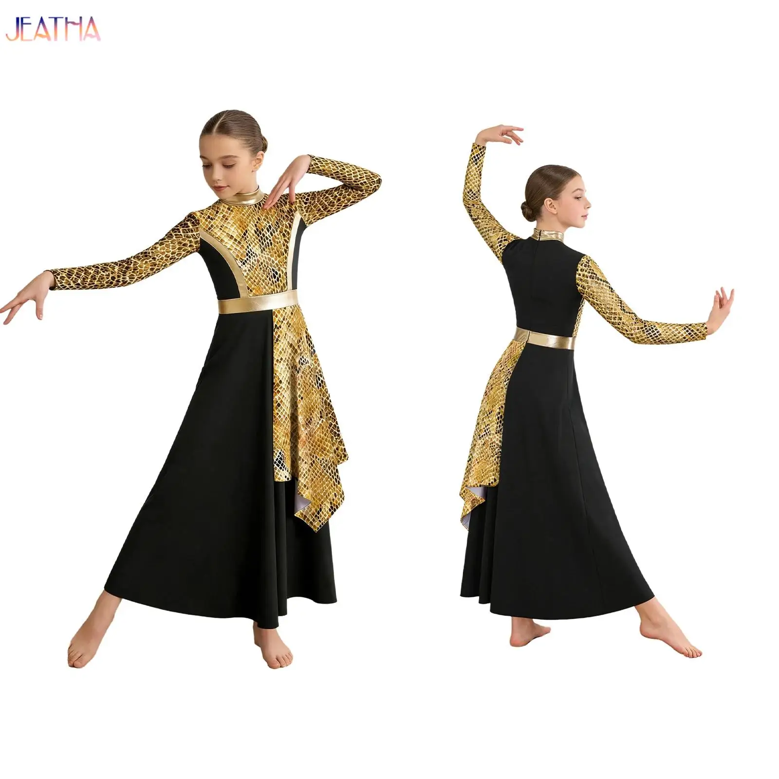 キッズガールズ典礼用賛美ドレス-スタイリッシュプリント-リリカルダンスパフォーマンス衣装-教会聖歌隊礼拝用-ボールルームダンスウェア