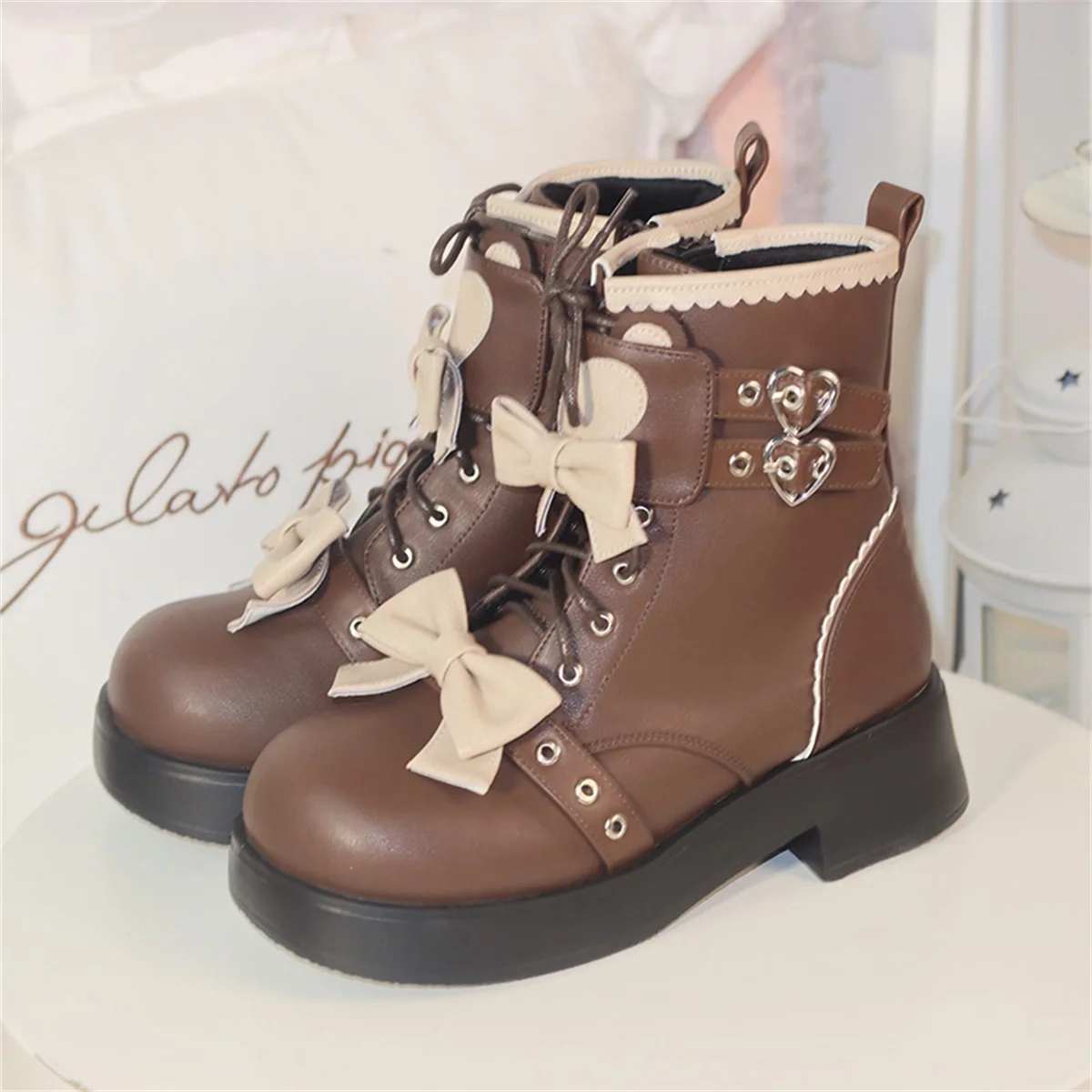 Japanse Zoete College Stijl Kawaii Meisjes Schoenen Cosplay Strik Liefde Vetersluiting Riem Ronde Kop Dikke Bodem 2.5-4.5Cm enkellaarsjes