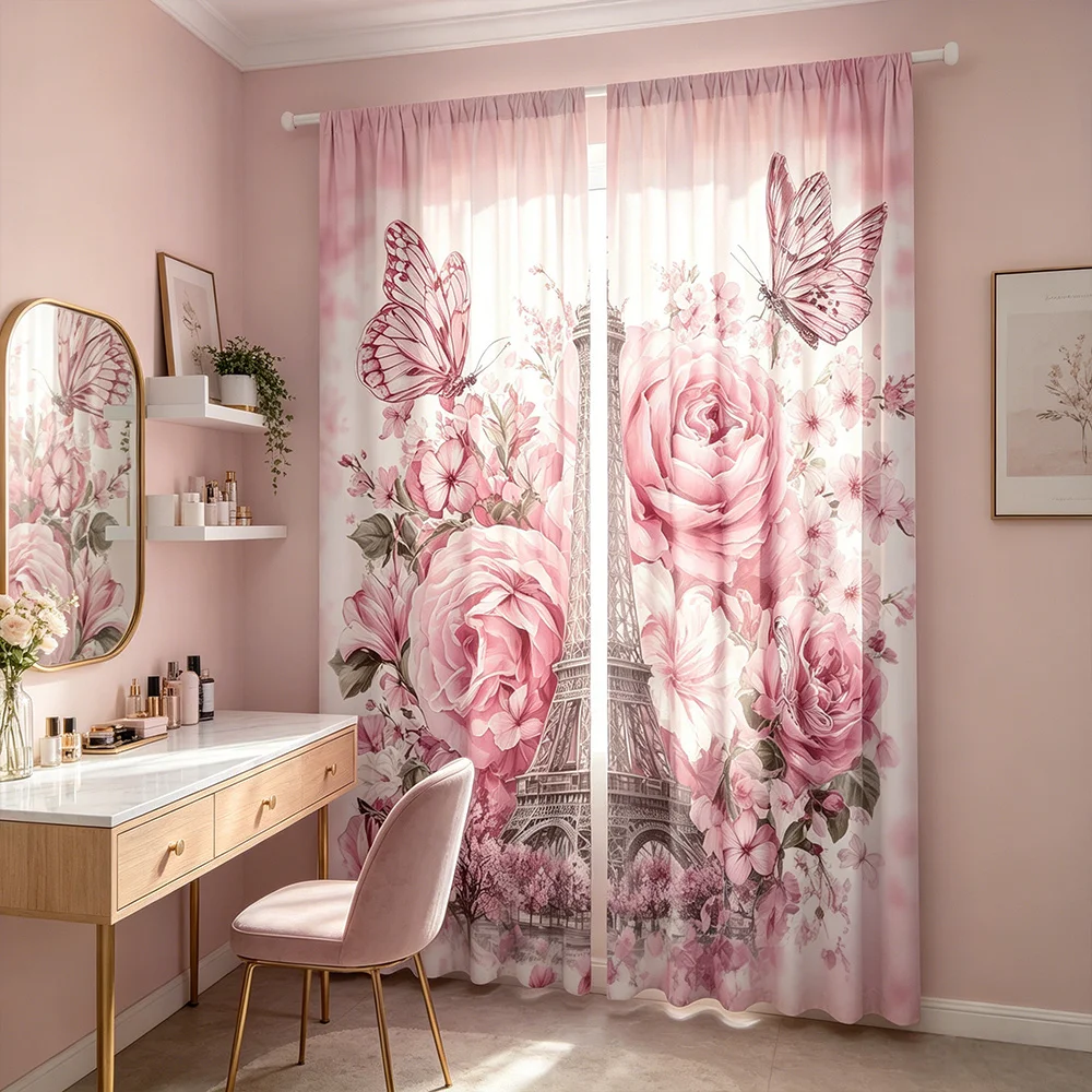 2PCS Rose Eiffel Tower Curtains, Paris Romantic Print, French Style Window Drapes for Living Room Bedroom Decor