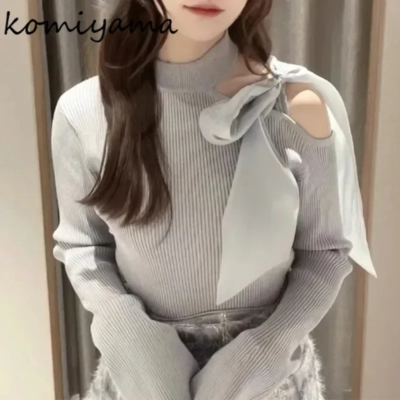 Japan Lace Up Bow Ropa Mujer 2025 Woman Sweater Knit Outerwears Off Shoulder Long Sleeve Pullovers Autumn New Clothes Women