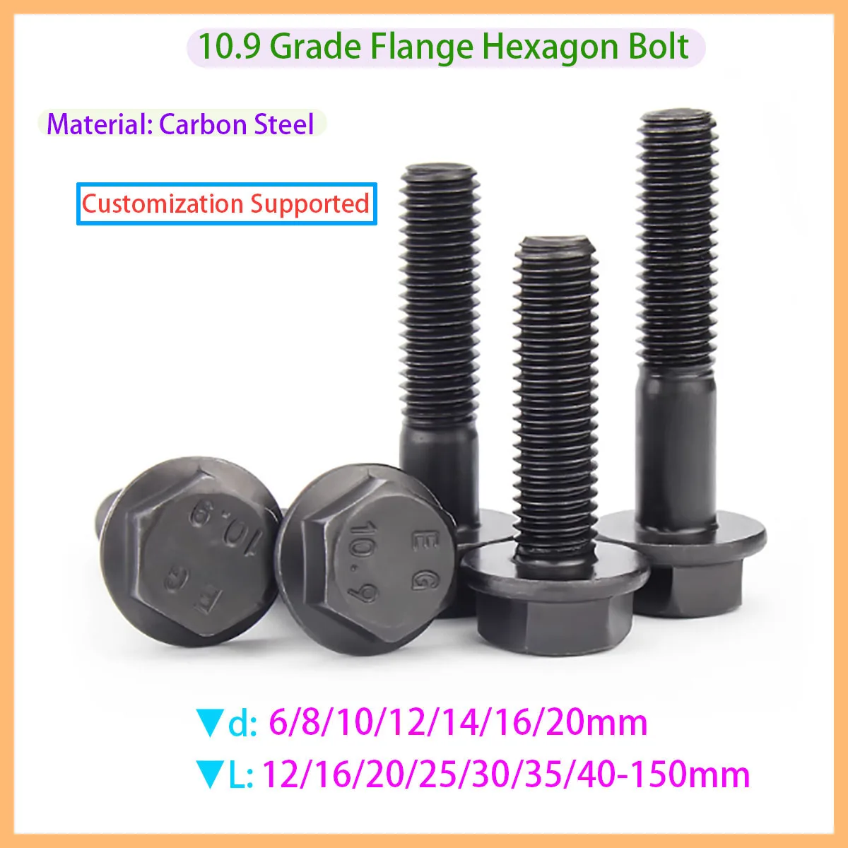 

10.9 Grade Carbon Steel Black Hexagonal Flange Bolt 6/8/10/12/14/16/20mm