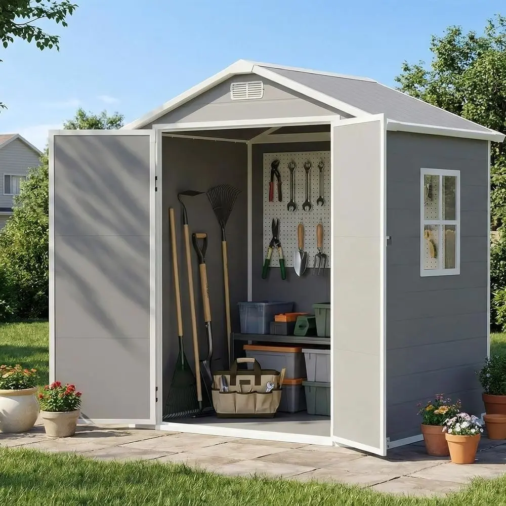 

Gray 6x4 Outdoor Plastic Storage Shed with Floor, Window, and Lockable Doors for Garden Tools and Mower Storage