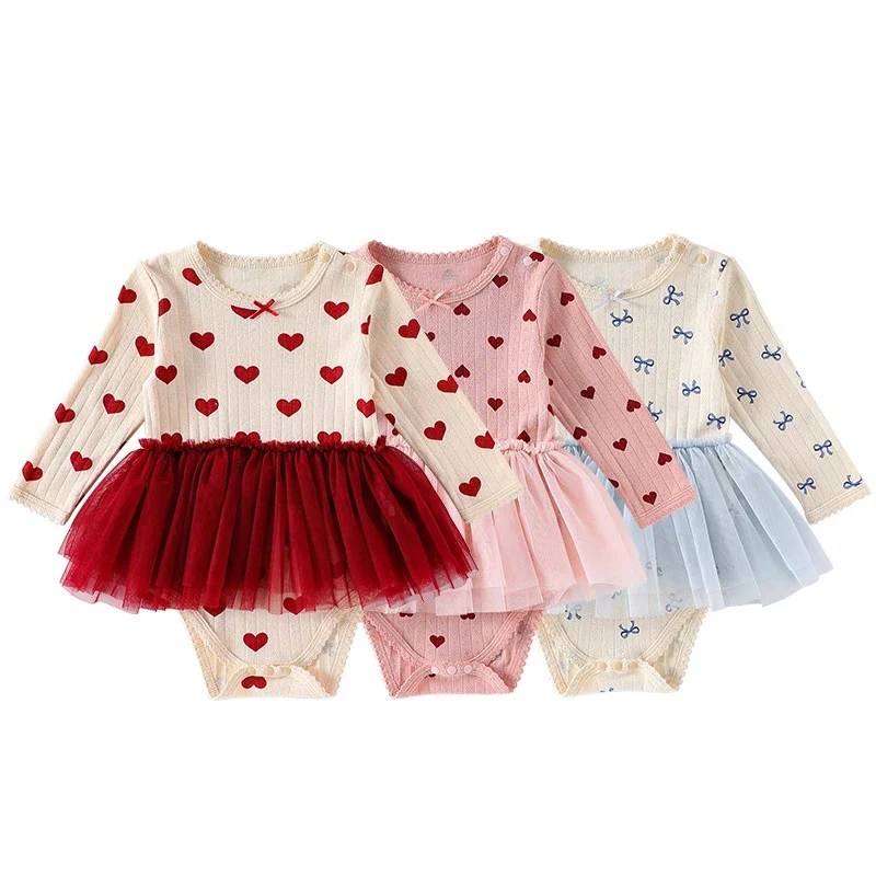 

2025 New Autumn Toddler Baby Girl Romper Long Sleeved Cotton Printed Mesh Splicing Infant Baby Jumpsuit 0-24M Children Clothes