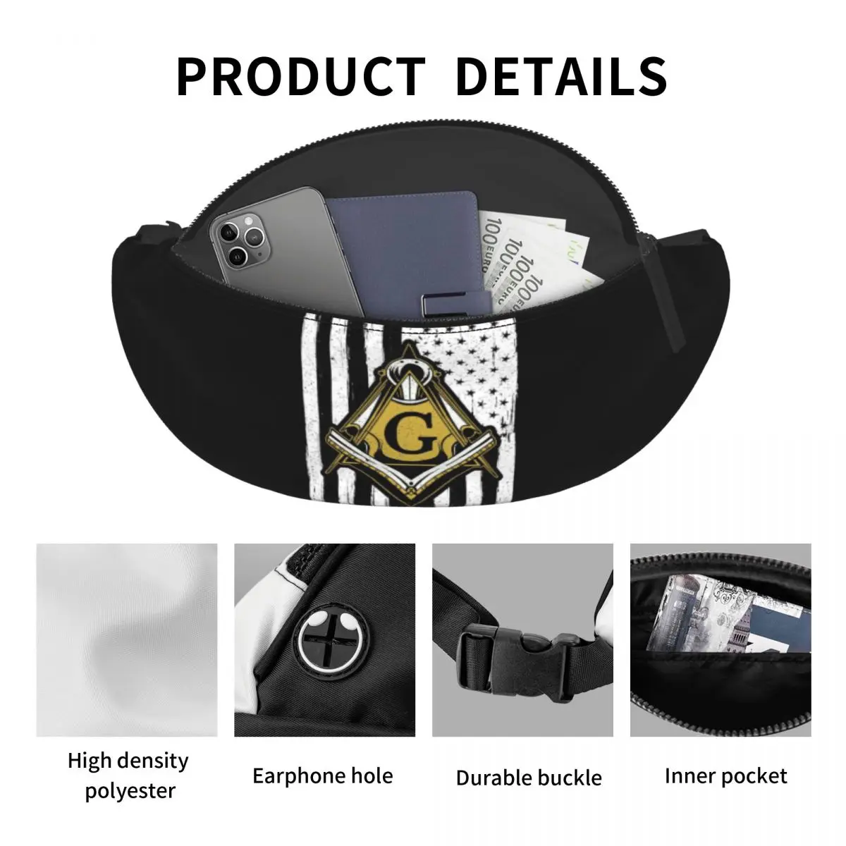 Masonic-riñonera con bandera americana para hombre y mujer, bolso de cintura cruzado personalizado, para correr, para teléfono y Dinero