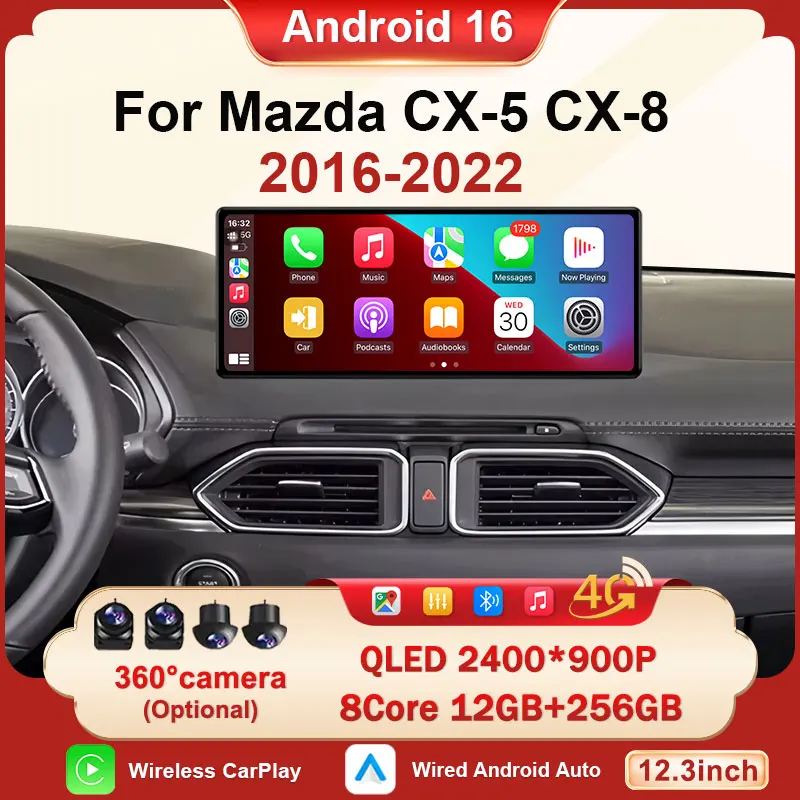 12.3 inch Android 16 Screen For Mazda CX-5 CX-8 2016-2022 Car Multimedia Video Player GPS Navigation BT Radio Carplay Head Unit