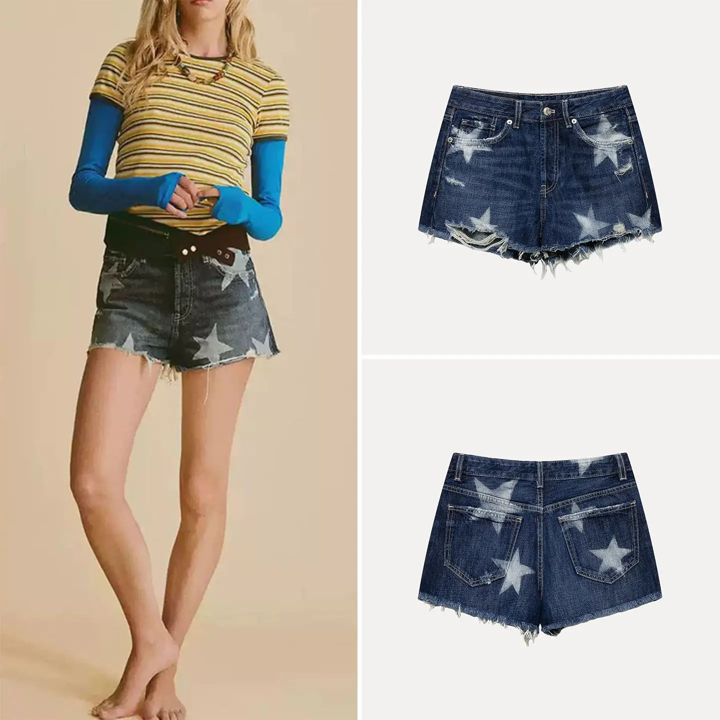 

Summer Casual Star Print Denim Shorts Women's Ripped Jeans Mid-Waist Short Pants Standard Fit Natural Waist Button Closure
