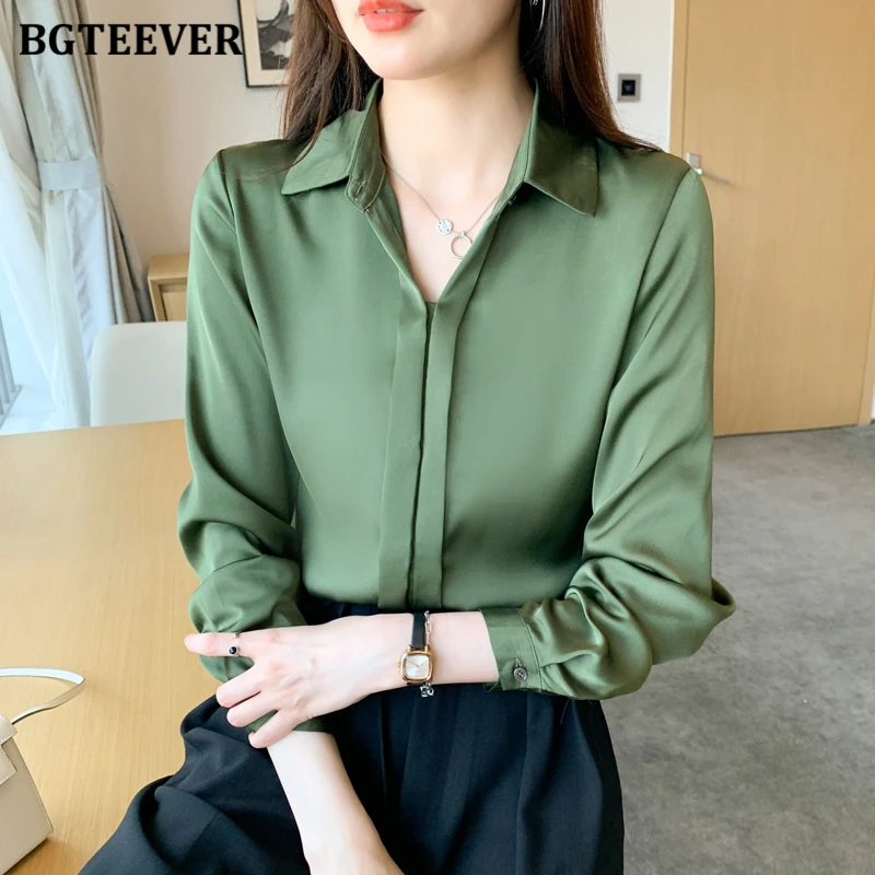 

BGTEEVER Chic Elegant Long Sleeve Women Pullovers Blouses Spring Fashion Loose Female Turn-down Collar Satin Shirts Tops