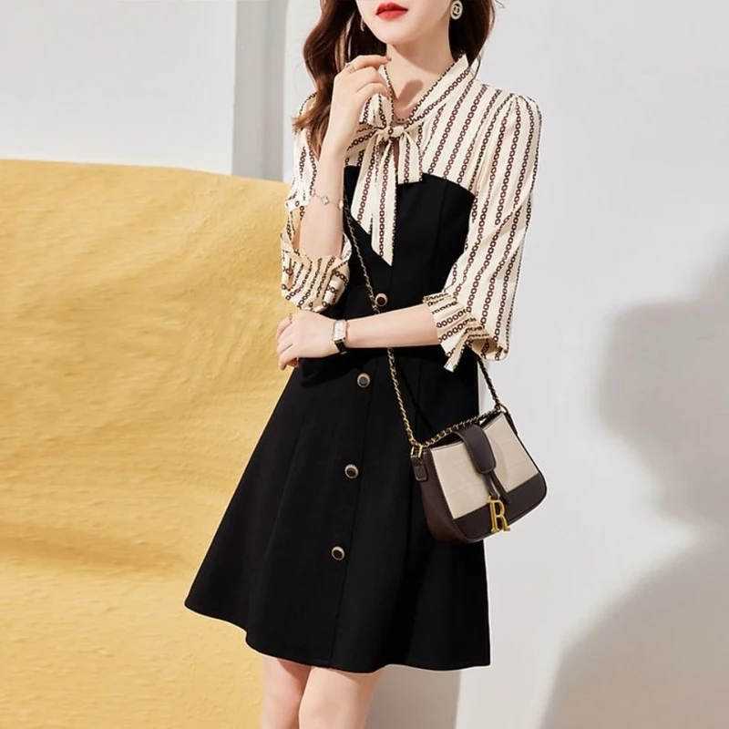 Spring Autumn New Striped Fashion Long Sleeve Midi Dress Women High Street Scarf Collar Bow Button Patchwork All-match Vestidos